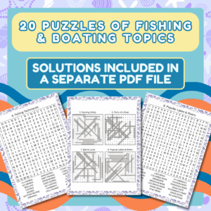 20 Fishing & Boating themed Word Search puzzles. Picture shows 2 puzzles and one solutions page.