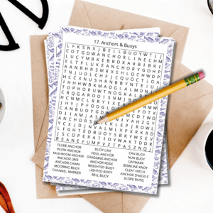 20 Fishing & Boating themed Word Search puzzles. Stack of puzzles.
