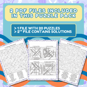 20 Fishing & Boating themed Word Search puzzles. Picture shows 2 puzzles and one solutions page.