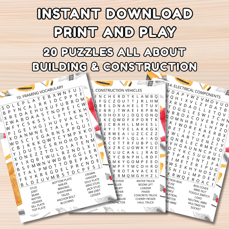 Construction & Building Themed Printable Word Search Puzzles - Image 7