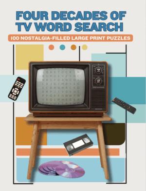 cover of 4 decades of tv nostalgia word search book.
