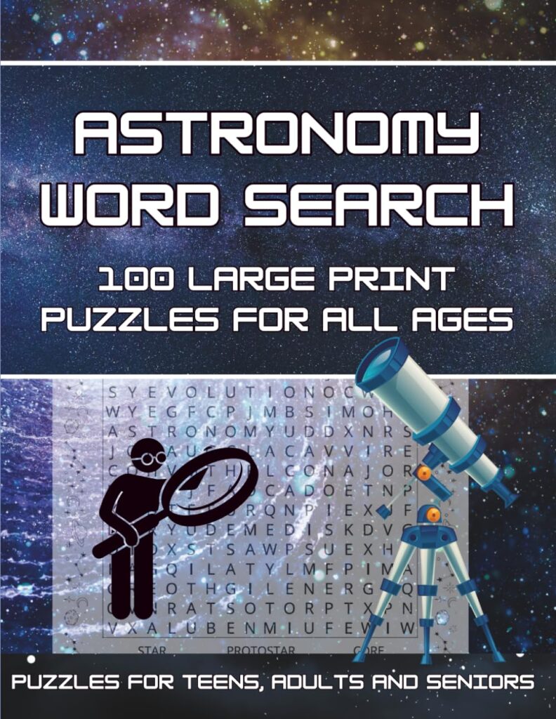 Astronomy Word Search book cover. Stars, planets, galaxies. 100 puzzles.